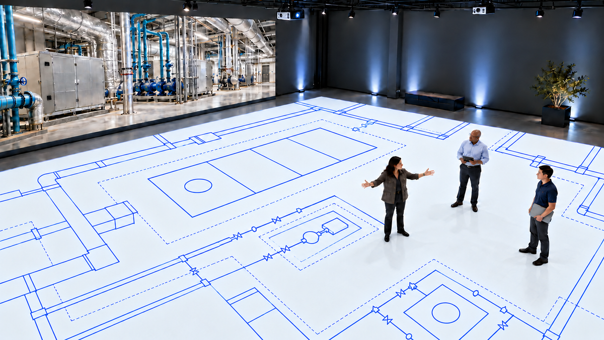 Concept visualization of three engineers reviewing a flat two-dimensional mechanical-room plan projected onto a white floor.