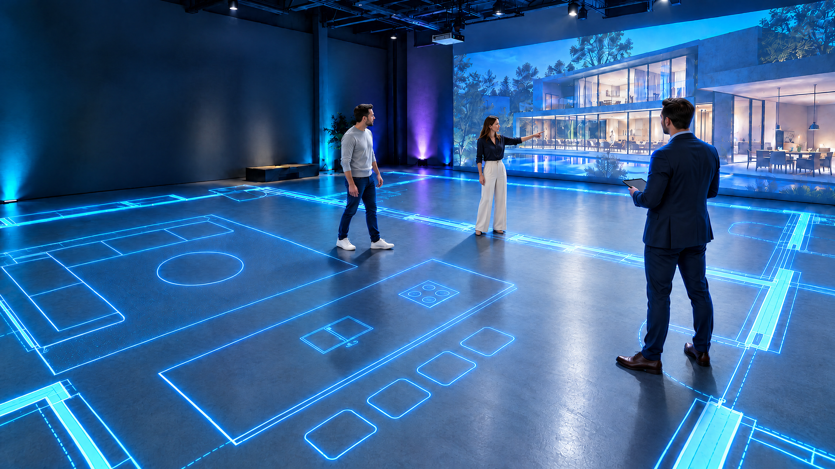Concept visualization of three people reviewing a vivid blue projected floor plan, with shadows cast from the ceiling projector.