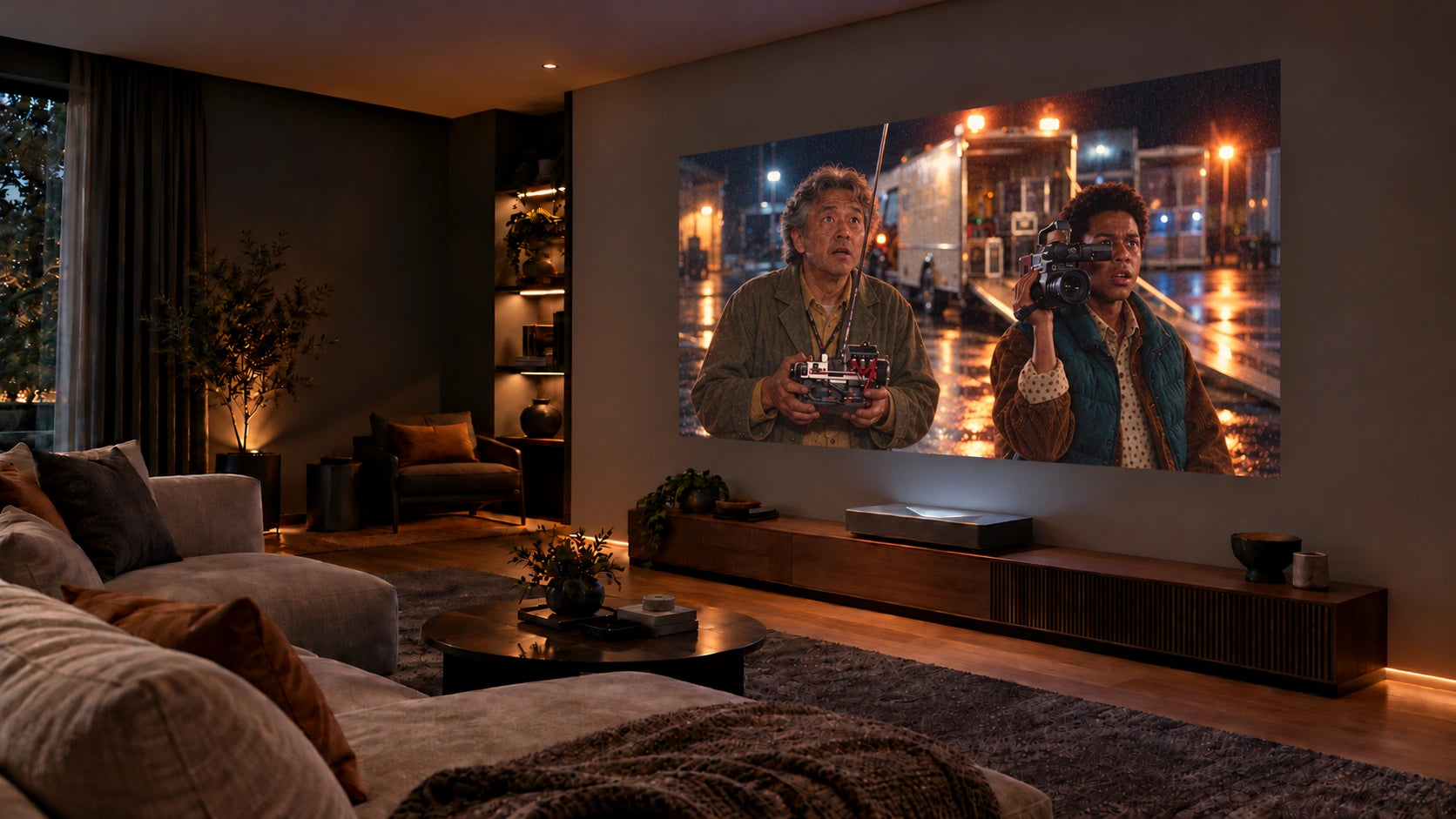Ultra-short-throw projector directly beneath a painted projection wall — concept visualization