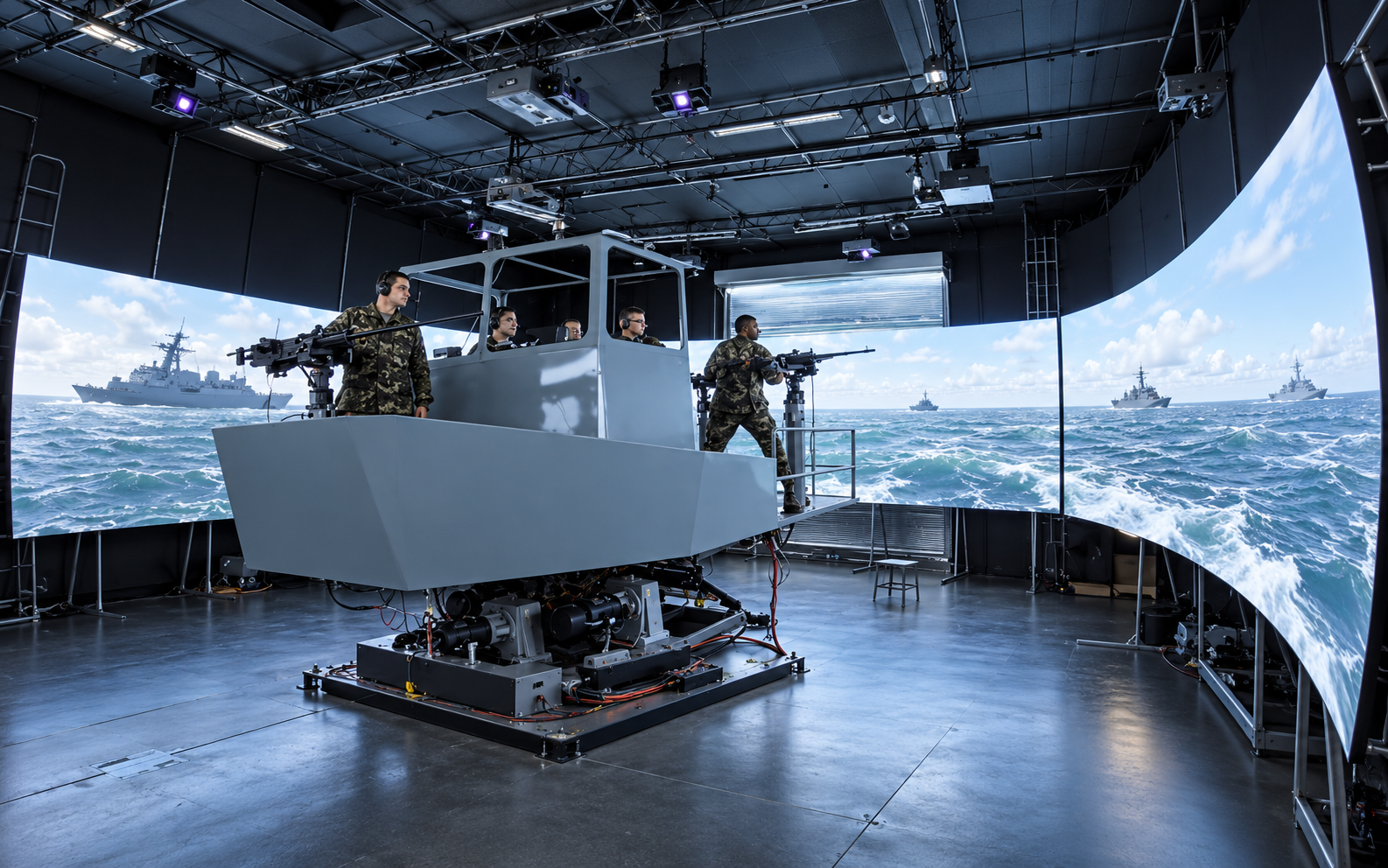 Boat simulator with panoramic maritime projection screens — enhanced concept artwork