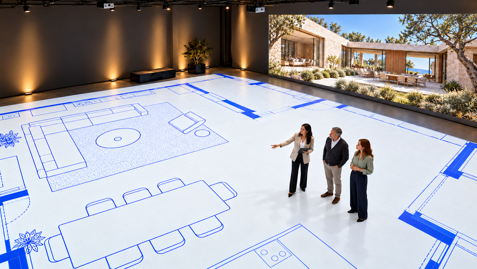 Concept visualization of three people reviewing a spacious blue floor plan projected on a white floor.
