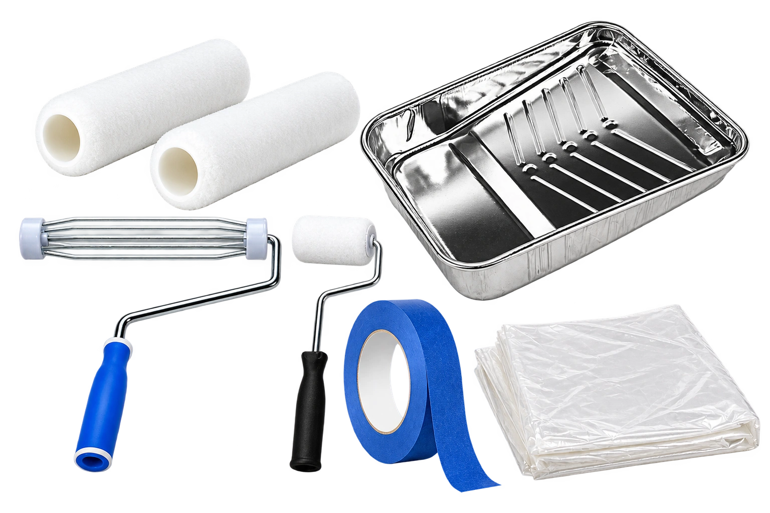 Two roller covers, roller frame, border roller, paint tray, masking tape and protective drop cloth