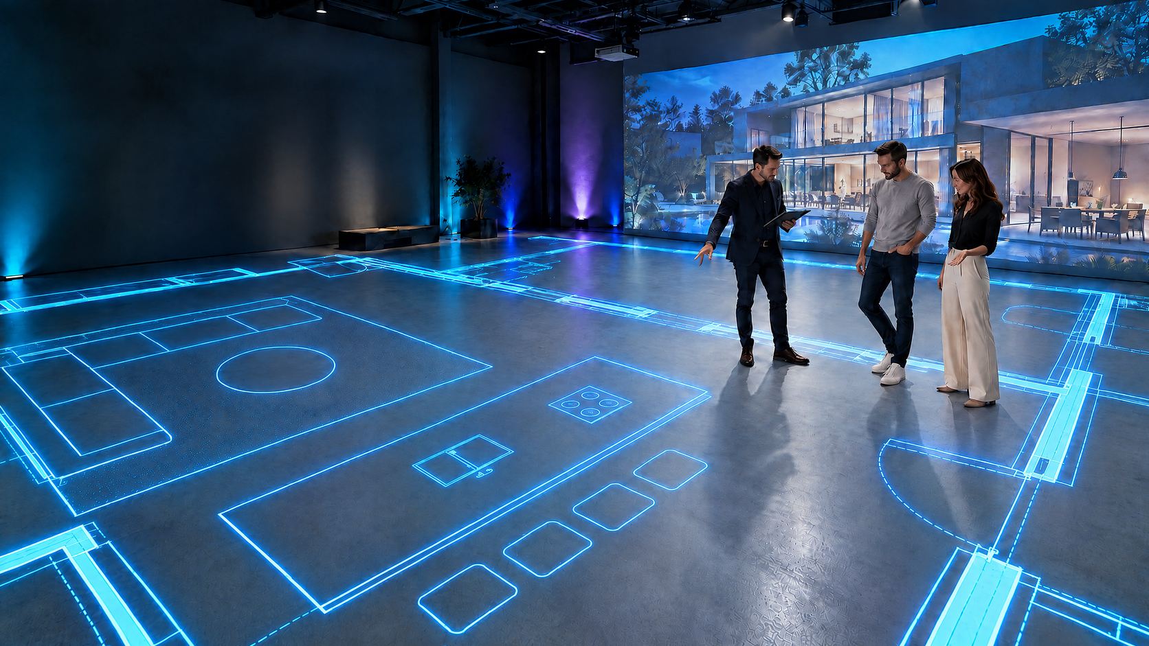 Concept visualization of a design team walking a projected architectural floor plan in a projection studio.
